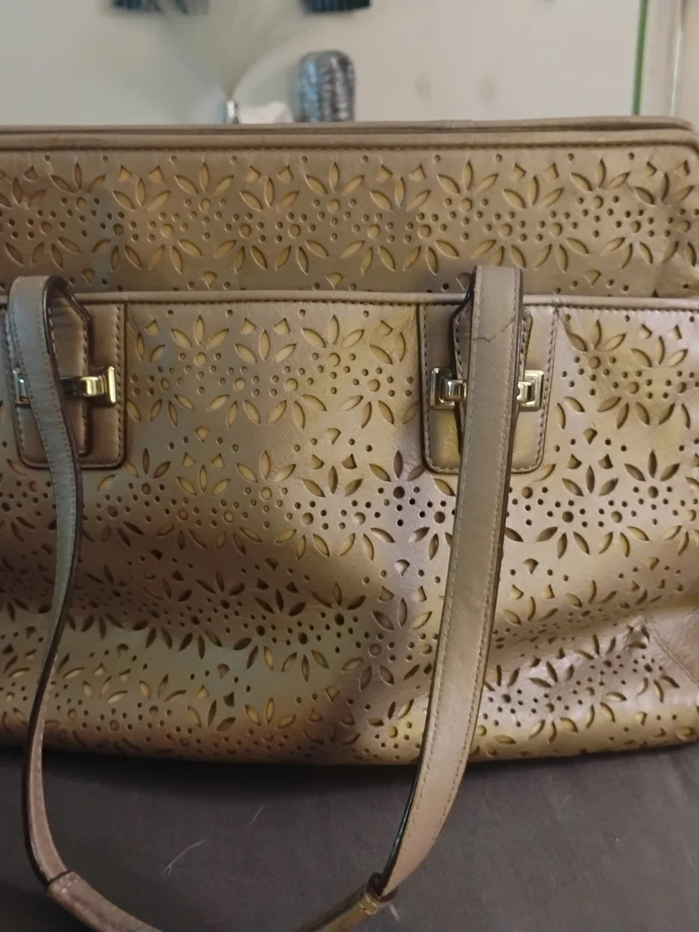 Coach Laser Etched Perforated Floral Leather Tote - Tan